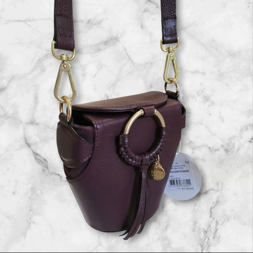See By Chloe Leather Box Bag Crossbody Bucket Handbag Dusky Brown Burgandy - Picture 2 of 14